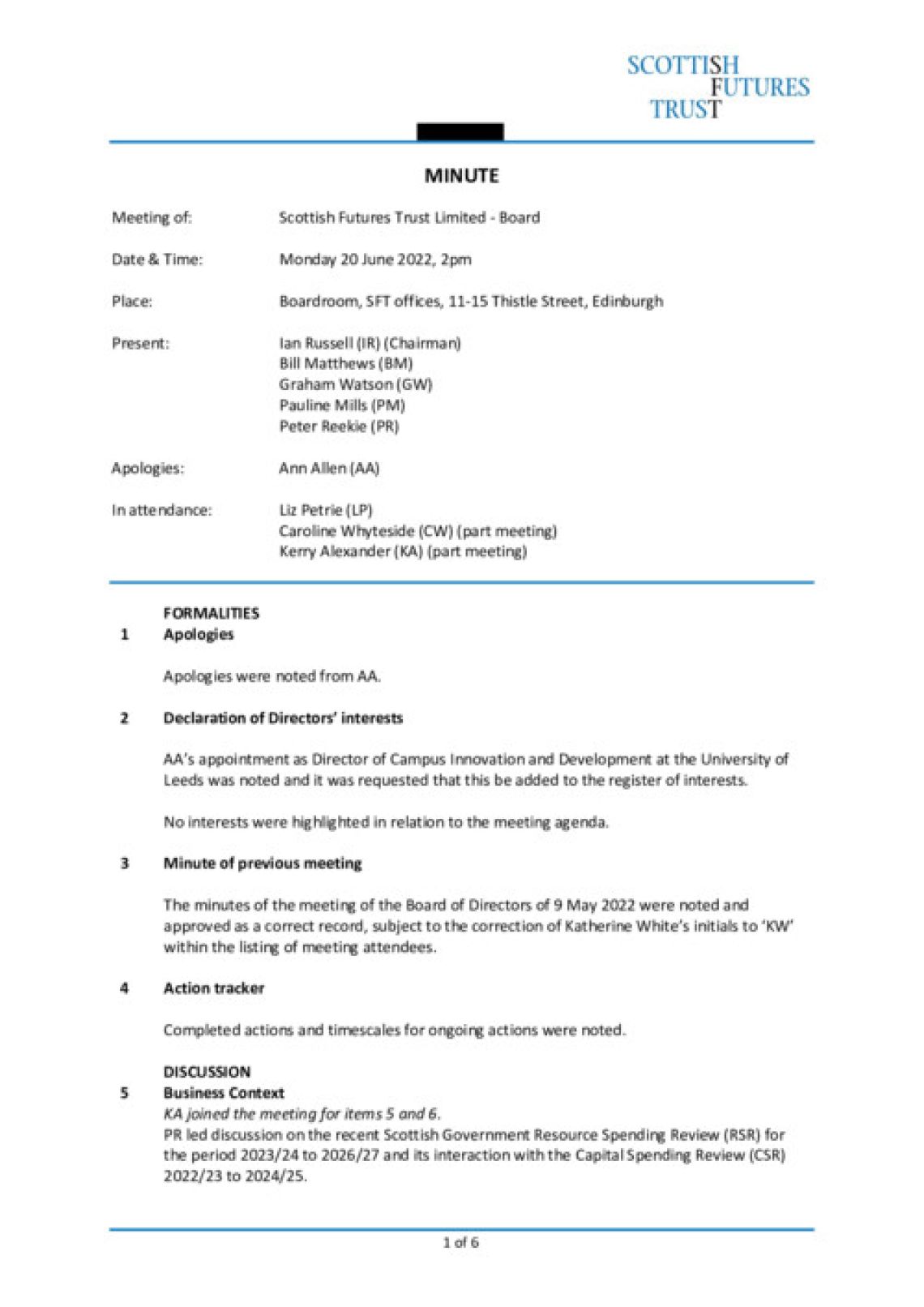 SFT Board minutes - June 2022 cover